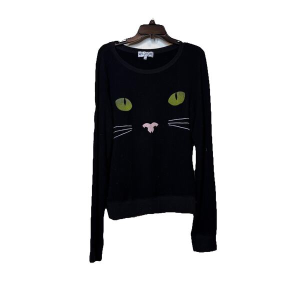 Women's Large Wildfox Crewneck Sweatshirt Shirt Halloween Black Cat Face - Picture 1 of 4